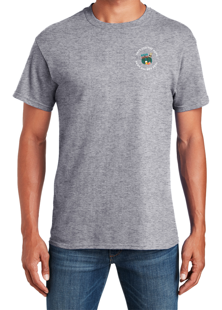 Kegs & Eggs T-Shirt Here for the Hops Circle Gray Tone - YSD